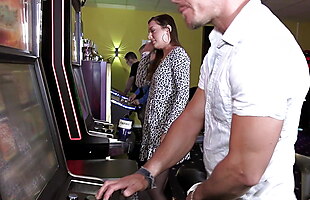 PUBLIC BUKKAKE GANGBANG with german teen in casino flashing